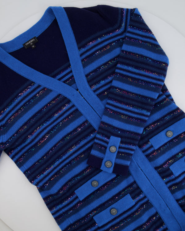 Chanel 20C Blue and Navy Cashmere Striped Long Cardigan with Multicolour Sequins Detail and Silver Camelia CC Buttons Size FR 36 (UK 8)