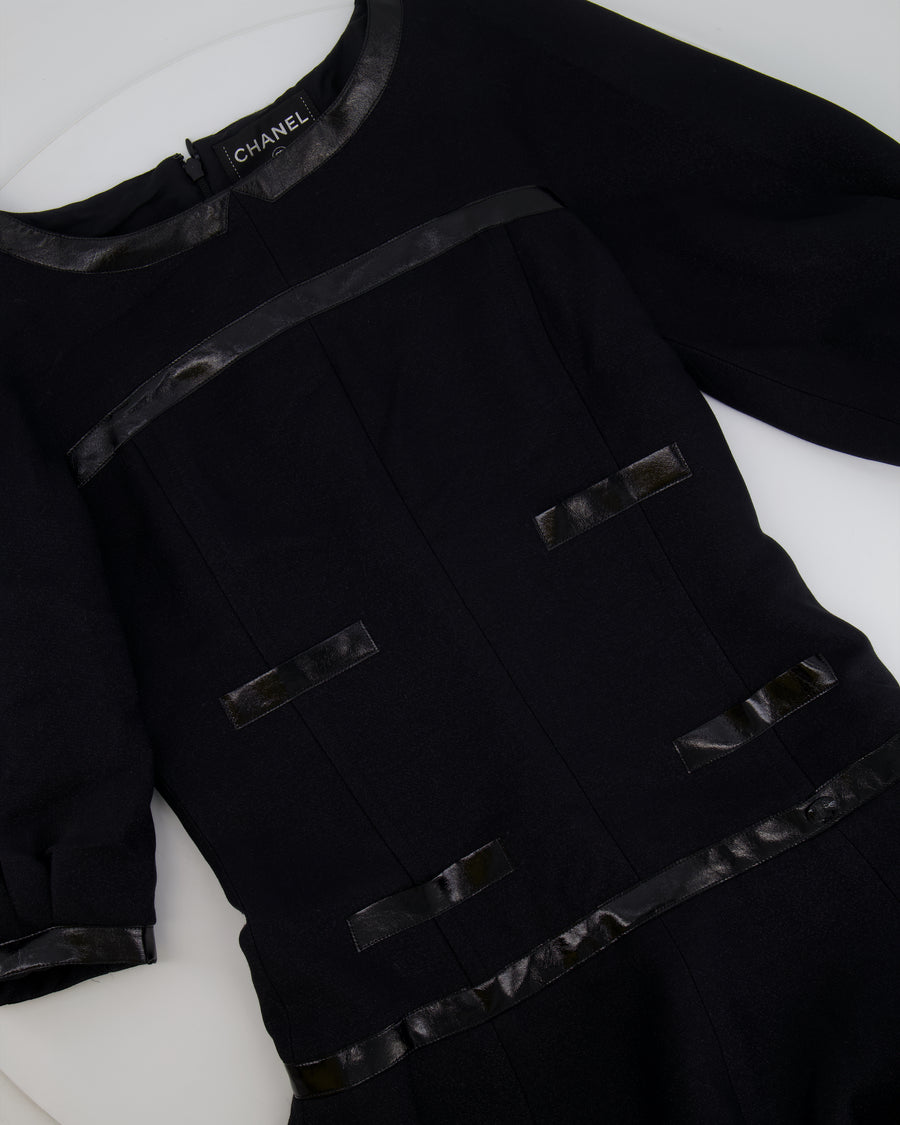 Chanel Black Mini Dress with Patent Leather Effect Trim Details and Globe CC Logo Button Size FR 34 (UK 6)