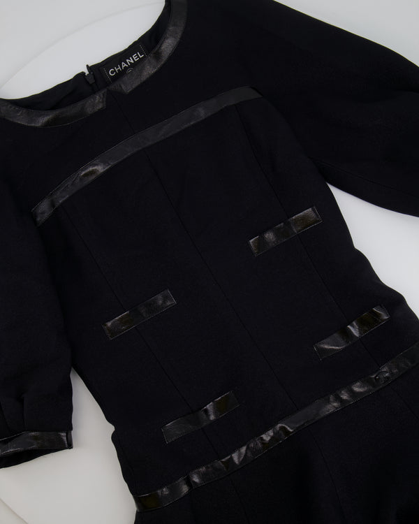 Chanel Black Mini Dress with Patent Leather Effect Trim Details and Globe CC Logo Button Size FR 34 (UK 6)