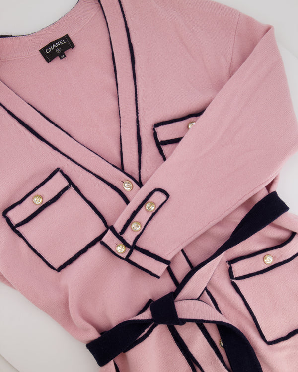 Chanel Spring 2021 Pink Cashmere Long Belted Cardigan with Navy Trim Details and Gold Number 5 Buttons Size FR 38 (UK 10)