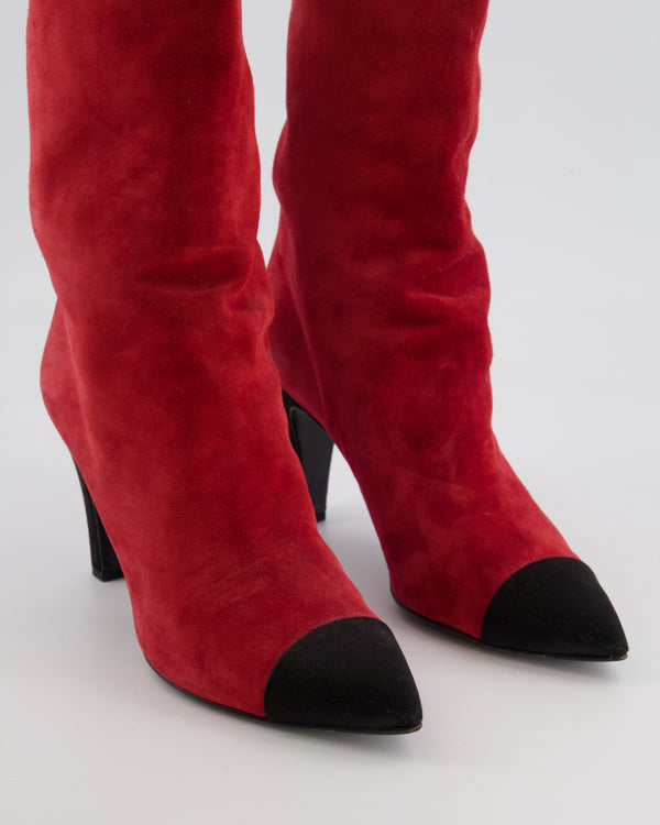 Chanel Red Suede Gabrielle Heeled Boots with Black Pointed Toe Cap Size EU 37.5 C