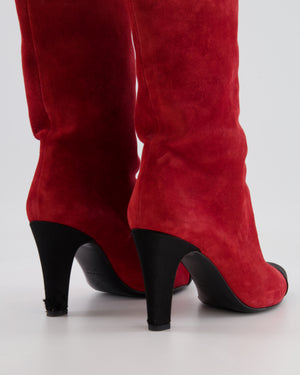Chanel Red Suede Gabrielle Heeled Boots with Black Pointed Toe Cap Size EU 37.5 C