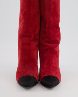 Chanel Red Suede Gabrielle Heeled Boots with Black Pointed Toe Cap Size EU 37.5 C