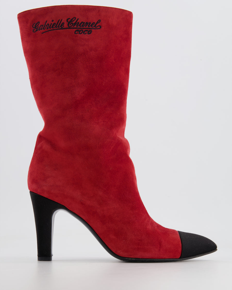 Chanel Red Suede Gabrielle Heeled Boots with Black Pointed Toe Cap