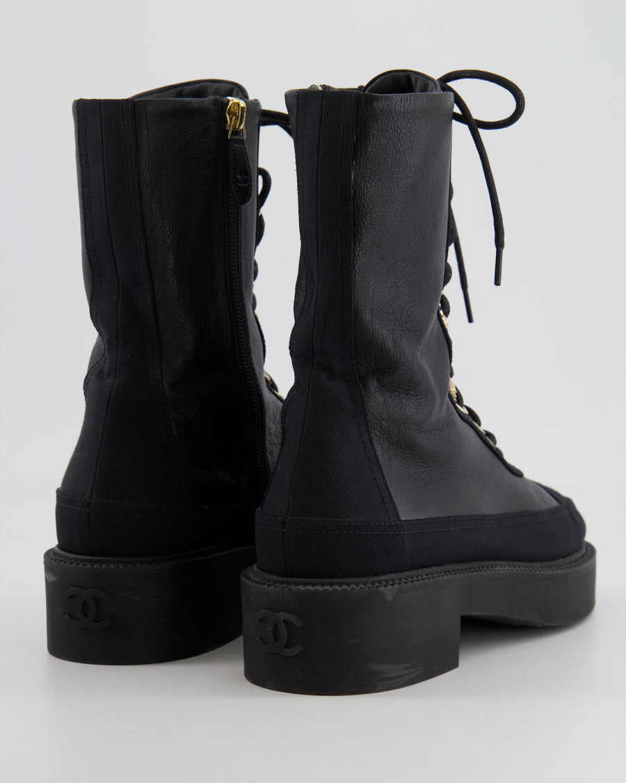 Chanel Black Leather and Fabric Lace Up Combat Boots with Champagne Gold CC Details and Stitched CC Logo Size EU 38.5