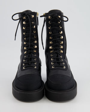 Chanel Black Leather and Fabric Lace Up Combat Boots with Champagne Gold CC Details and Stitched CC Logo Size EU 38.5