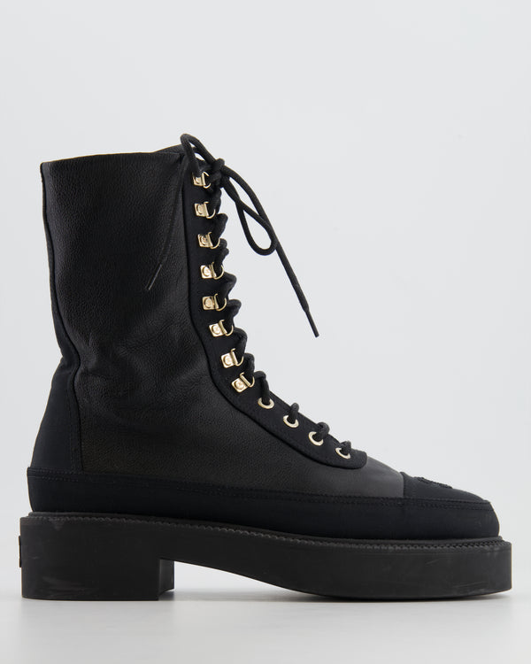Chanel Black Leather and Fabric Lace Up Combat Boots with Champagne Gold CC Details and Stitched CC Logo Size EU 38.5