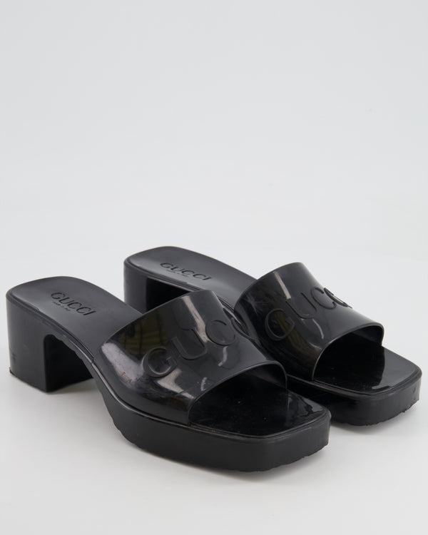 Gucci Black Rubber Heeled Mules with Embossed Logo Size EU 37