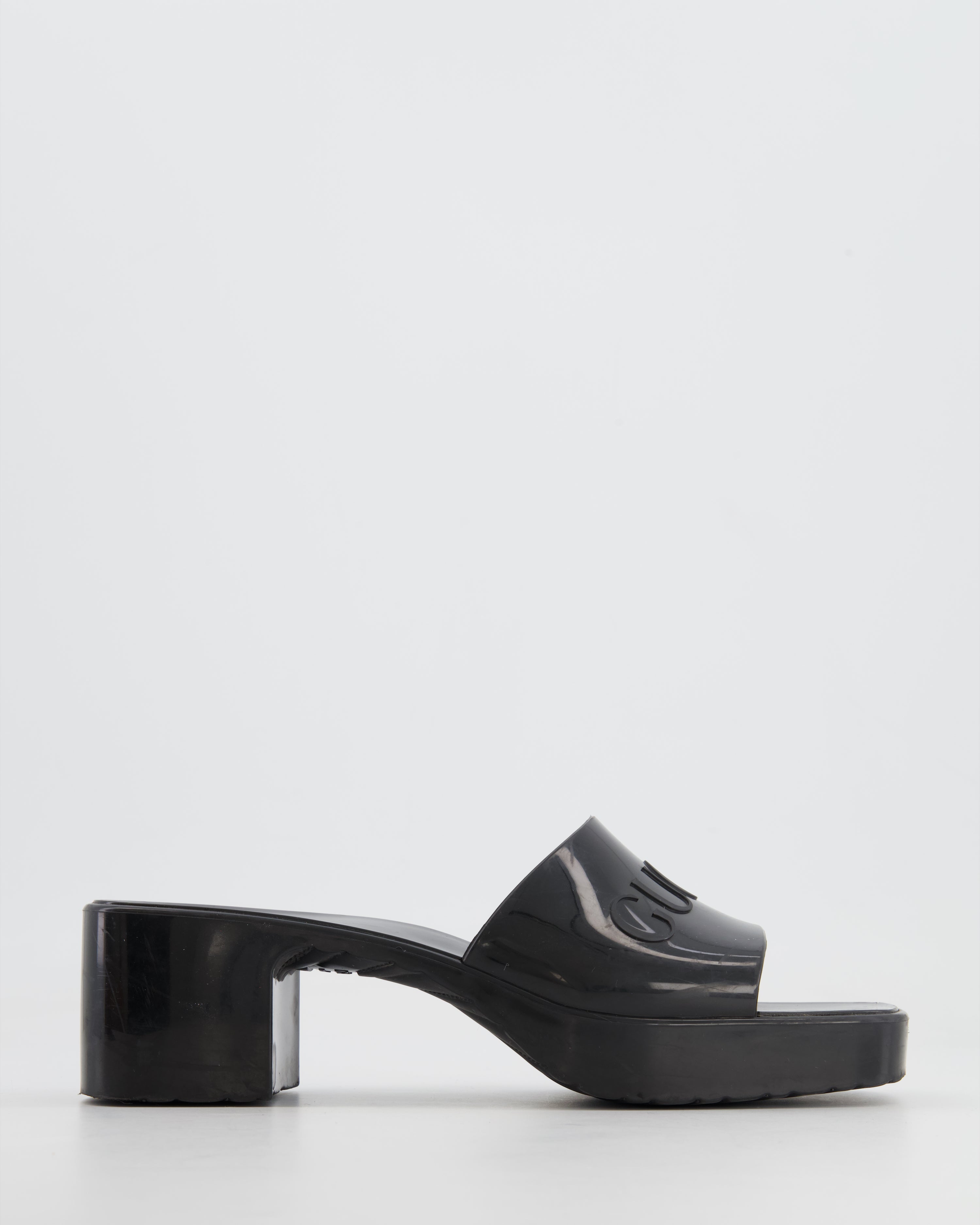 Gucci Black Rubber Heeled Mules with Embossed Logo Size EU 37