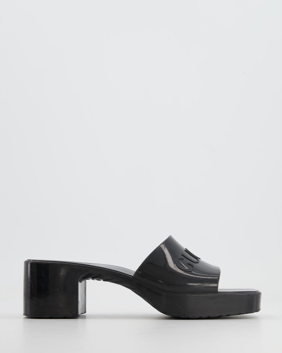 Gucci Black Rubber Heeled Mules with Embossed Logo Size EU 37