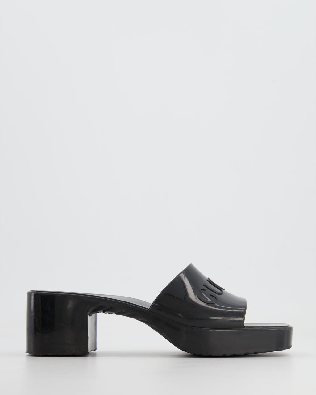 Gucci Black Rubber Heeled Mules with Embossed Logo Size EU 37