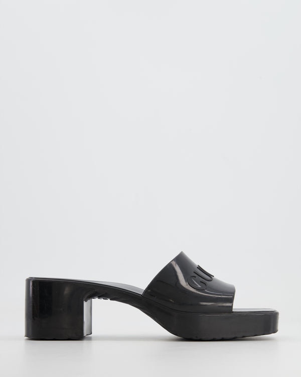 Gucci Black Rubber Heeled Mules with Embossed Logo Size EU 37