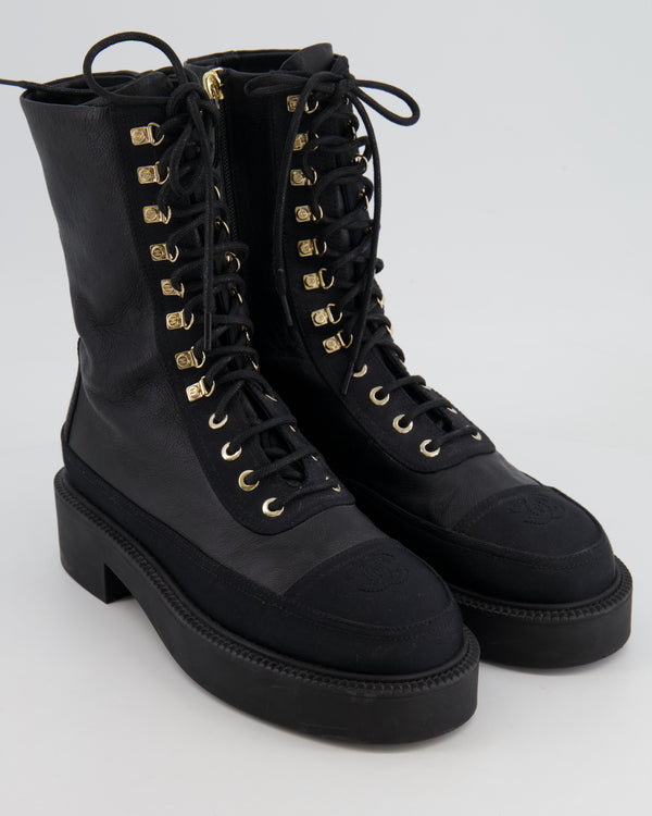 Chanel Black Leather and Fabric Lace Up Combat Boots with Champagne Gold CC Details and Stitched CC Logo Size EU 38.5