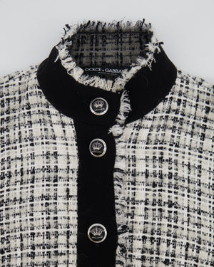 Dolce & Gabbana Black and White Tweed Jacket with Fringe Trim and Silver Crown Buttons Size IT 42 (UK 10)