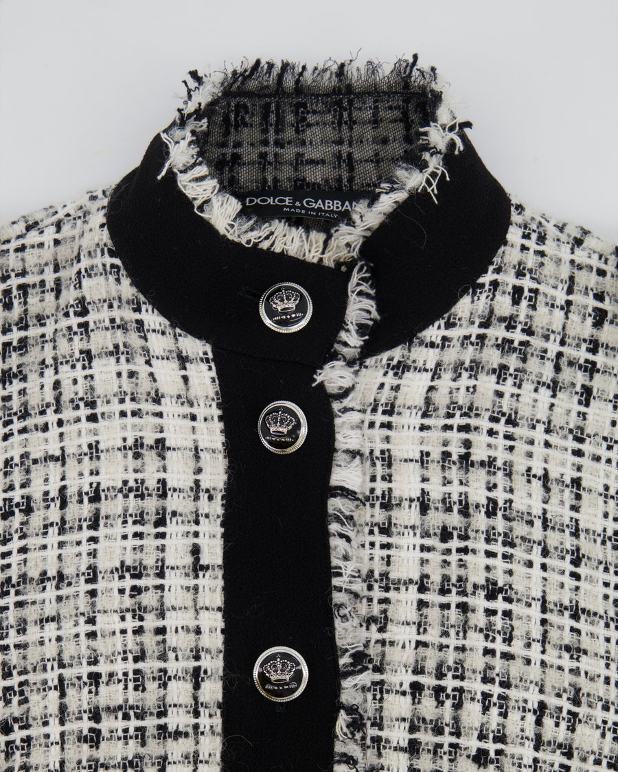 Dolce & Gabbana Black and White Tweed Jacket with Fringe Trim and Silver Crown Buttons Size IT 42 (UK 10)