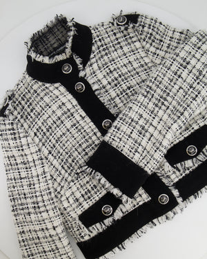 Dolce & Gabbana Black and White Tweed Jacket with Fringe Trim and Silver Crown Buttons Size IT 42 (UK 10)