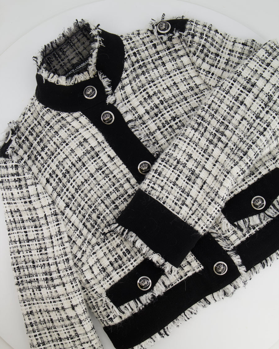 Dolce & Gabbana Black and White Tweed Jacket with Fringe Trim and Silver Crown Buttons Size IT 42 (UK 10)