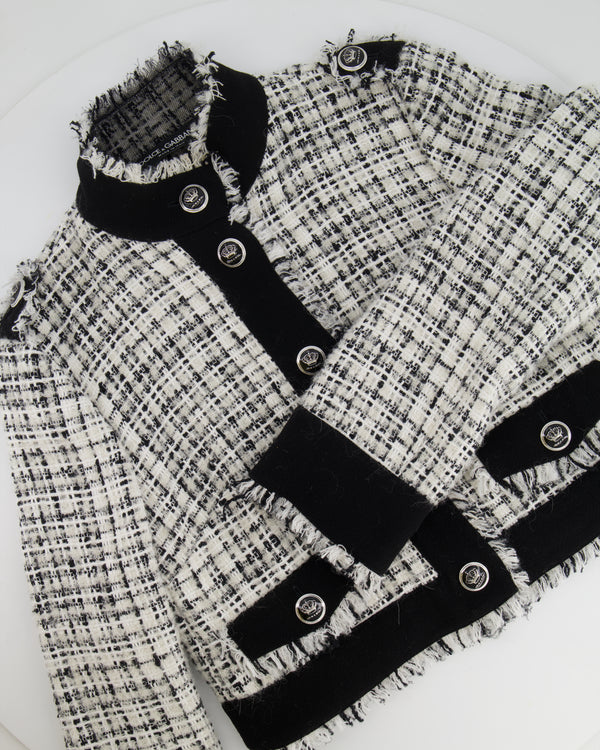 Dolce & Gabbana Black and White Tweed Jacket with Fringe Trim and Silver Crown Buttons Size IT 42 (UK 10)