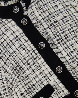 Dolce & Gabbana Black and White Tweed Jacket with Fringe Trim and Silver Crown Buttons Size IT 42 (UK 10)