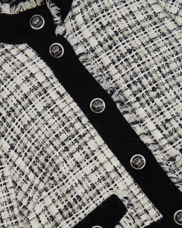 Dolce & Gabbana Black and White Tweed Jacket with Fringe Trim and Silver Crown Buttons Size IT 42 (UK 10)