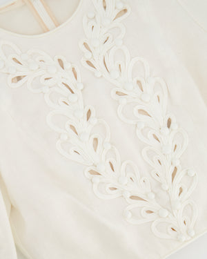 Zimmermann White Linen Long Sleeved Top with Embroideries and Bead Details Size 1 (UK 10)