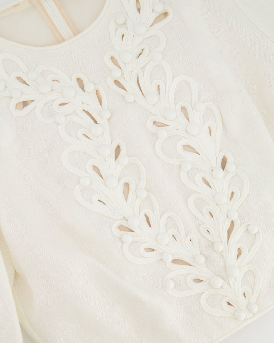 Zimmermann White Linen Long Sleeved Top with Embroideries and Bead Details Size 1 (UK 10)
