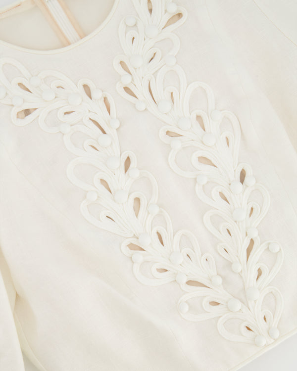 Zimmermann White Linen Long Sleeved Top with Embroideries and Bead Details Size 1 (UK 10)
