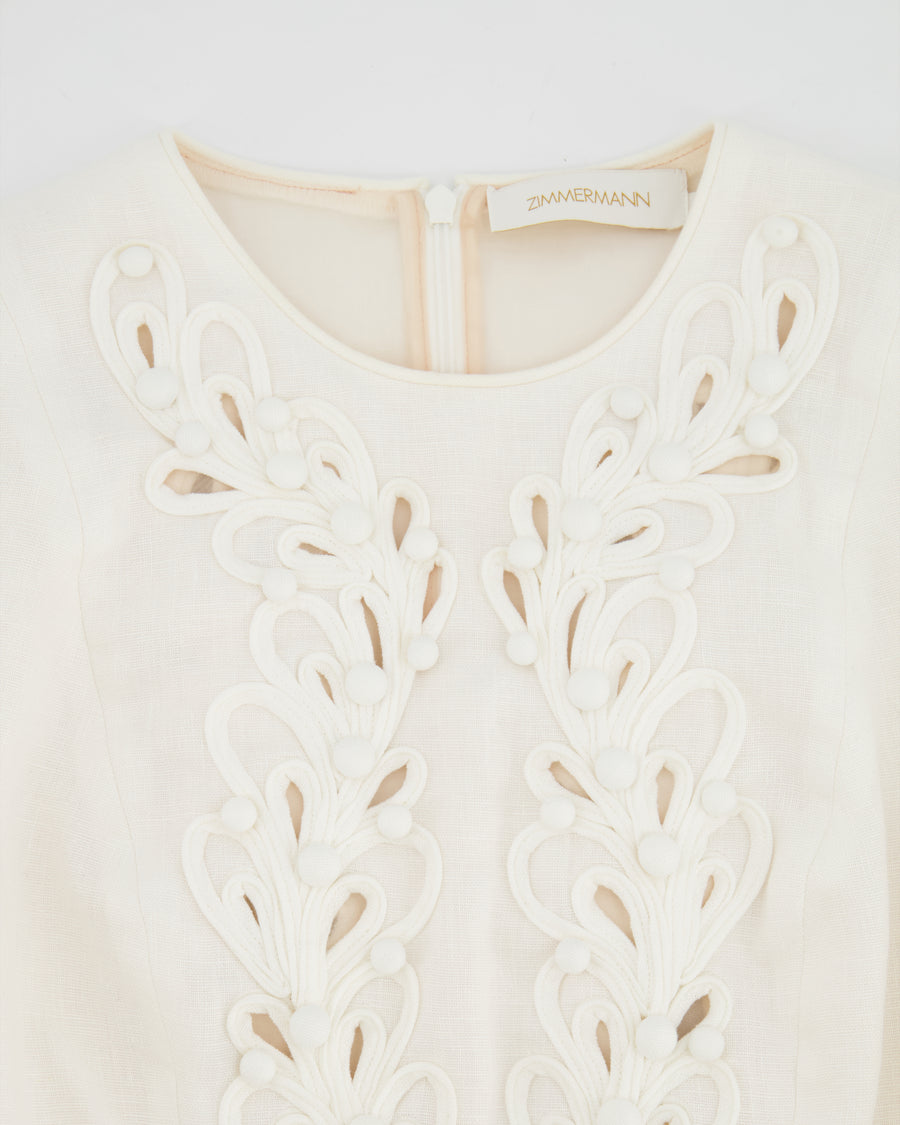 Zimmermann White Linen Long Sleeved Top with Embroideries and Bead Details Size 1 (UK 10)