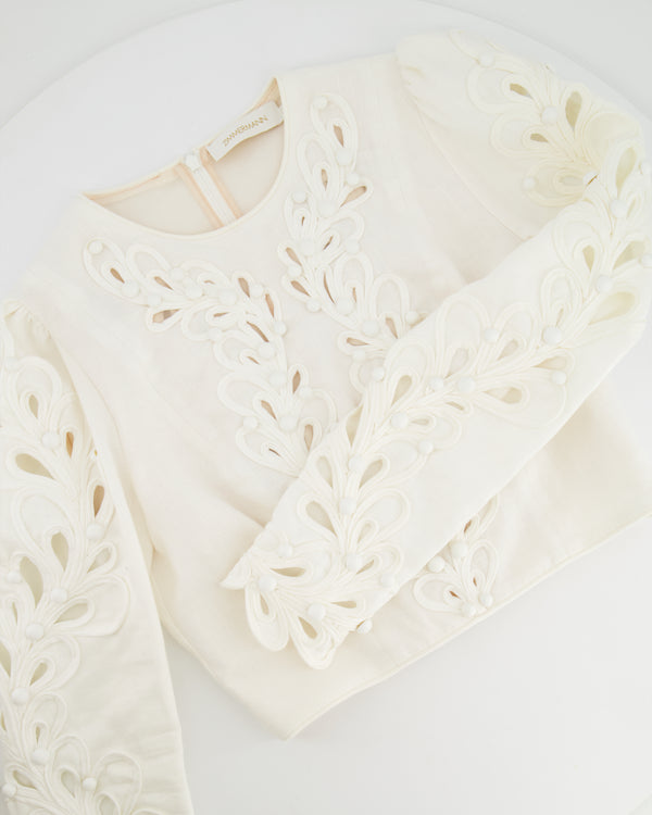 Zimmermann White Linen Long Sleeved Top with Embroideries and Bead Details Size 1 (UK 10)