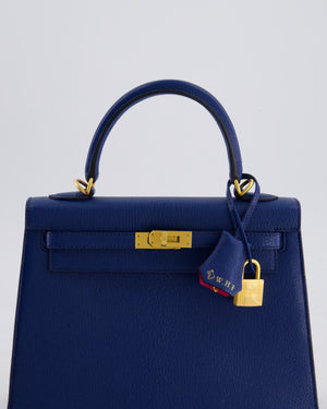 Hermès HSS Kelly 25 Sellier Verso Bag in Bleu Encre Chèvre Mysore Leather & Rose Mexico Interior with Brushed Gold Hardware