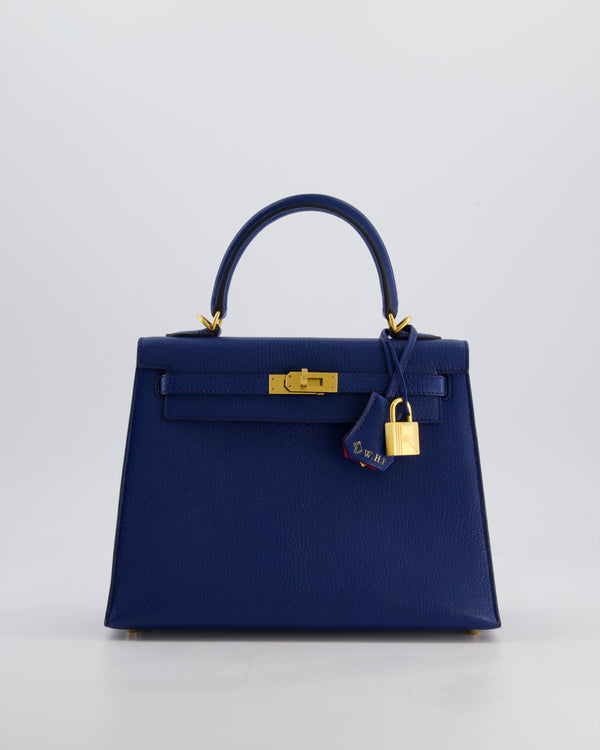 Hermès HSS Kelly 25 Sellier Verso Bag in Bleu Encre Chèvre Mysore Leather & Rose Mexico Interior with Brushed Gold Hardware