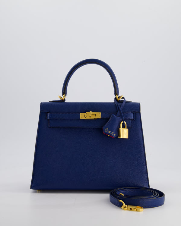 Hermès HSS Kelly 25 Sellier Verso Bag in Bleu Encre Chèvre Mysore Leather & Rose Mexico Interior with Brushed Gold Hardware