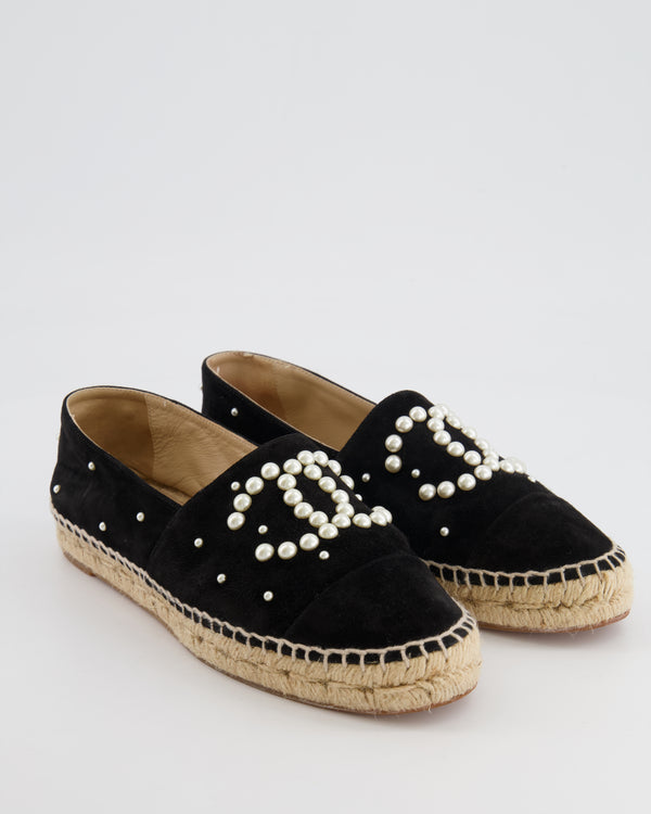 Chanel Black Suede Espadrilles with Pearl Embellishments and CC Logo Size EU 38