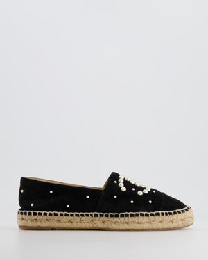 Chanel Black Suede Espadrilles with Pearl Embellishments and CC Logo Size EU 38