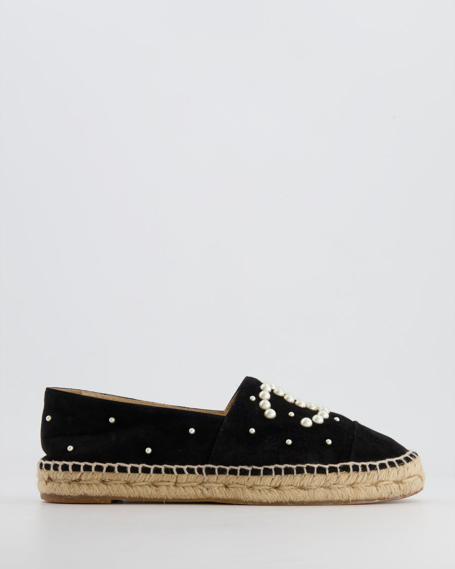 Chanel Black Suede Espadrilles with Pearl Embellishments and CC Logo Size EU 38