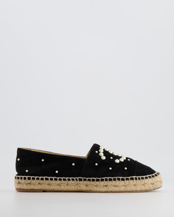 Chanel Black Suede Espadrilles with Pearl Embellishments and CC Logo Size EU 38