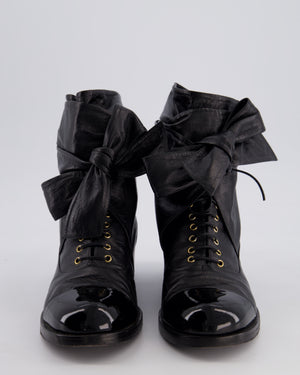 Chanel Black Crumpled Calfskin Lace Up Combat Boots with Tie-Up Straps & Patent Leather Toe Cap Detail Size EU 40