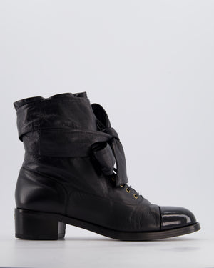 Chanel Black Crumpled Calfskin Lace Up Combat Boots with Tie-Up Straps & Patent Leather Toe Cap Detail Size EU 40