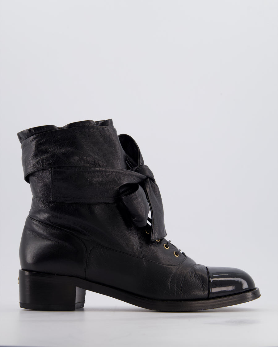 Chanel Black Crumpled Calfskin Lace Up Combat Boots with Tie-Up Straps & Patent Leather Toe Cap Detail Size EU 40