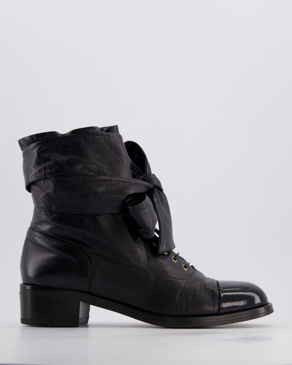 Chanel Black Crumpled Calfskin Lace Up Combat Boots with Tie-Up Straps & Patent Leather Toe Cap Detail Size EU 40