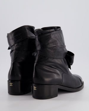 Chanel Black Crumpled Calfskin Lace Up Combat Boots with Tie-Up Straps & Patent Leather Toe Cap Detail Size EU 40