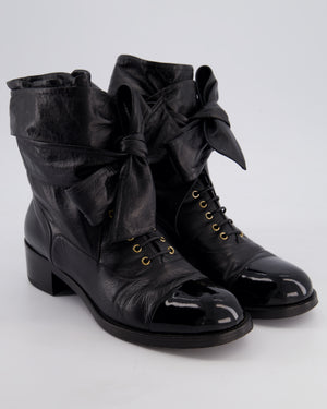 Chanel Black Crumpled Calfskin Lace Up Combat Boots with Tie-Up Straps & Patent Leather Toe Cap Detail Size EU 40