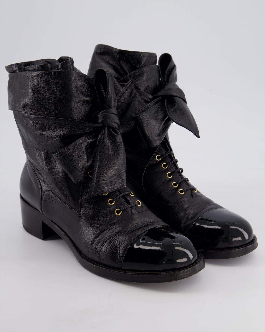 Chanel Black Crumpled Calfskin Lace Up Combat Boots with Tie-Up Straps & Patent Leather Toe Cap Detail Size EU 40