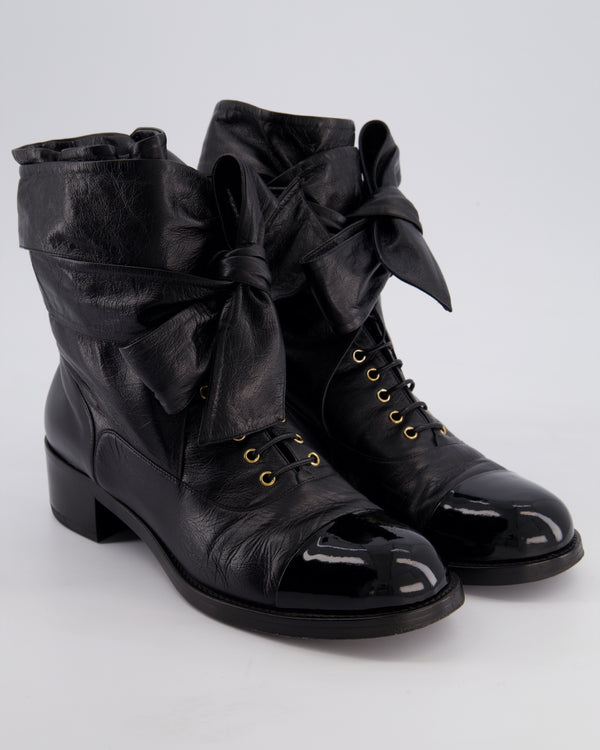 Chanel Black Crumpled Calfskin Lace Up Combat Boots with Tie-Up Straps & Patent Leather Toe Cap Detail Size EU 40