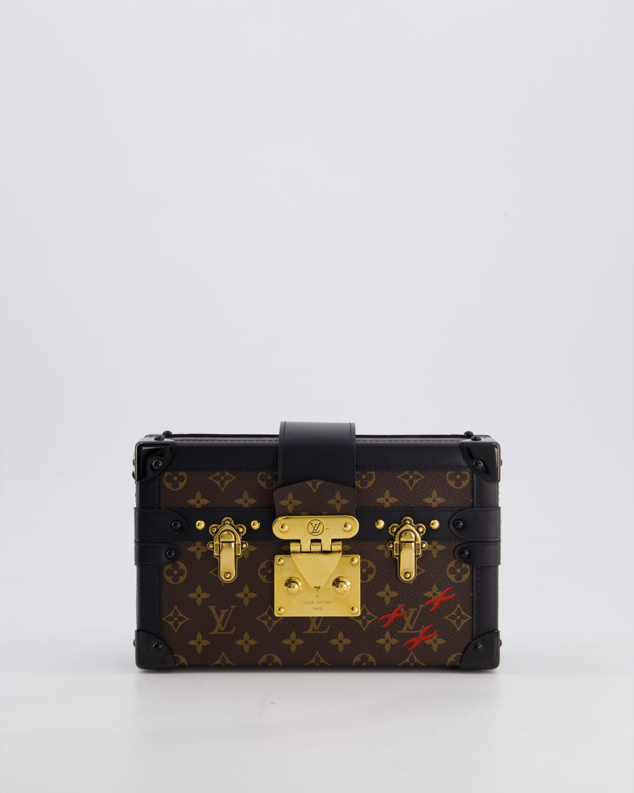 Louis Vuitton Brown Petite Malle Bag in Monogram Canvas & Black Calfskin Leather with Gold Hardware