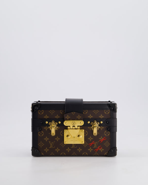 Louis Vuitton Brown Petite Malle Bag in Monogram Canvas & Black Calfskin Leather with Gold Hardware