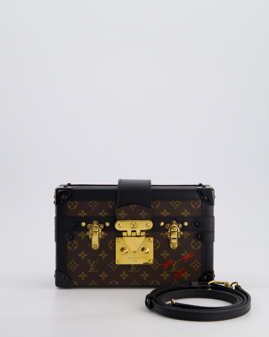 Louis Vuitton Brown Petite Malle Bag in Monogram Canvas & Black Calfskin Leather with Gold Hardware