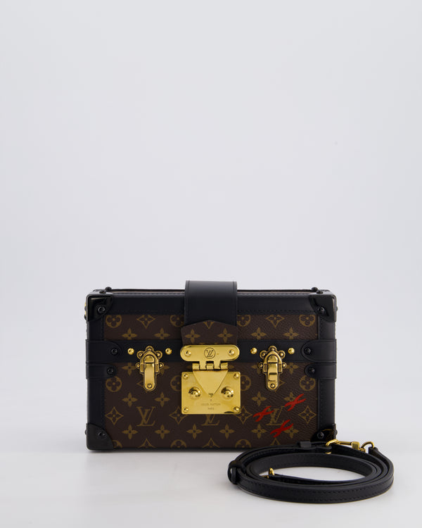 Louis Vuitton Brown Petite Malle Bag in Monogram Canvas & Black Calfskin Leather with Gold Hardware