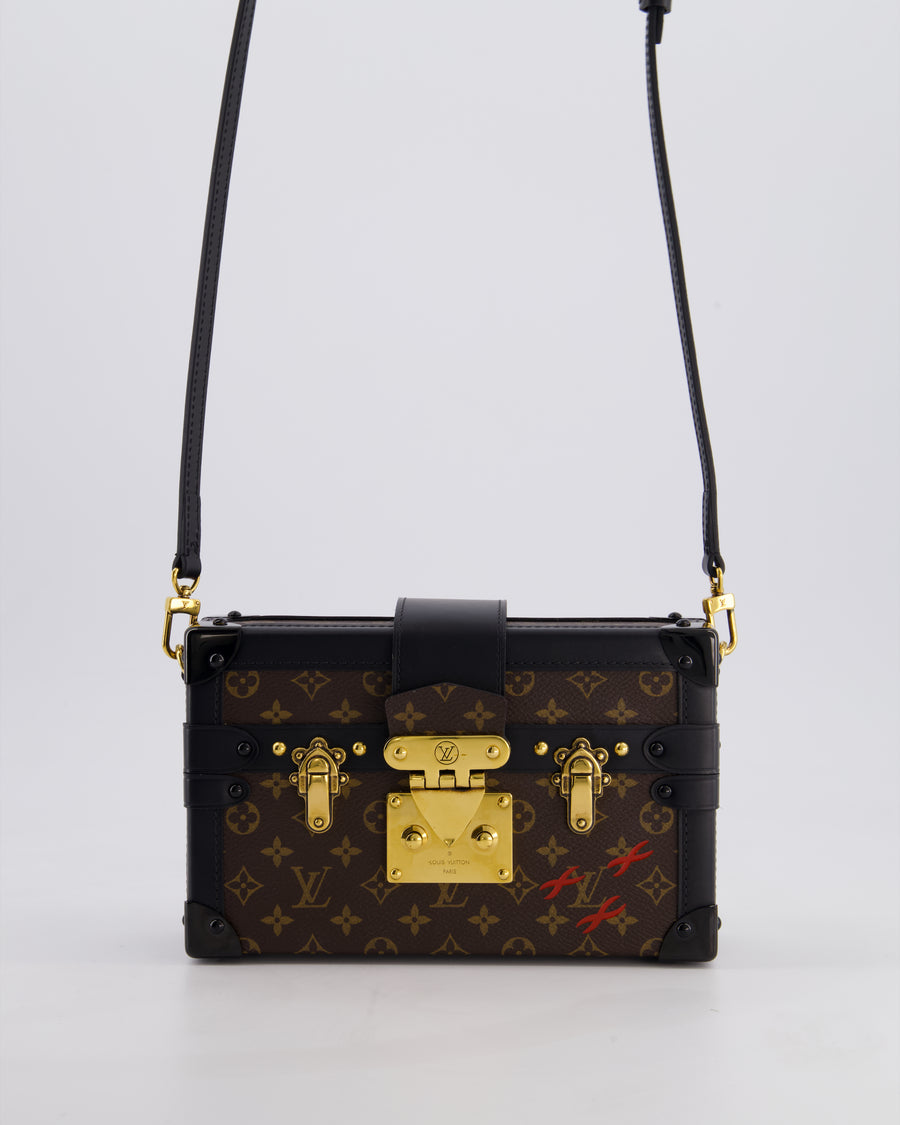 Louis Vuitton Brown Petite Malle Bag in Monogram Canvas & Black Calfskin Leather with Gold Hardware