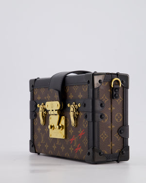 Louis Vuitton Brown Petite Malle Bag in Monogram Canvas & Black Calfskin Leather with Gold Hardware